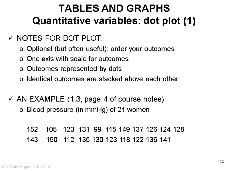 STAT6202 Chapter 1 2012/2013 22 TABLES AND GRAPHS Quantitative variables: dot plot (1) NOTES